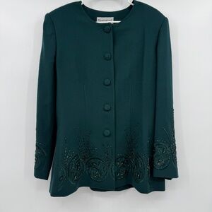 John Meyer of Norwich Blazer Women 14 Green Beaded Embroidered Wool Buttons VTG
